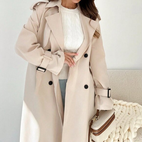 Khaki Elegant Women's Cinched Waist Double Breasted Mid-Length Trench Coat - Picture 2 of 8